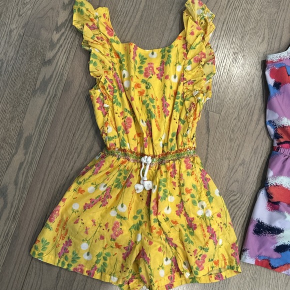 2 Girls's Peek & All In Motion size 8, Yellow Ruffle Floral & Purple Rompers - Picture 2 of 9